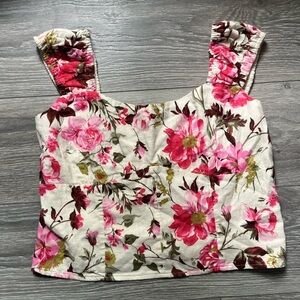 NEW Abercrombie and Fitch Cream Pink Floral Linen Cotton Sleeveless Crop Top L